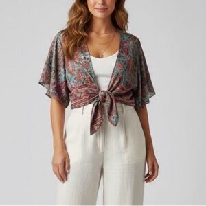 Boho Silky Paisley Tie Front Crop Shawl Jacket Multicolor L XL Retro Festival